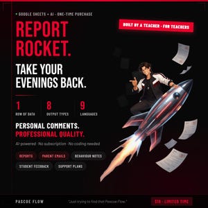 Pode incluir: Gráfico promocional para "Report Rocket" com o slogan "Recupere as suas noites". Apresenta uma pessoa apontando para um foguete com chamas e papéis. O gráfico destaca 1 linha de dados, 8 tipos de saída e 9 idiomas.