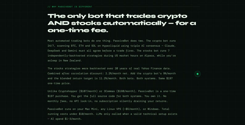 May include: Dark green webpage with white text. The text reads "The only bot that trades crypto AND stocks automatically - for a one-time fee." Further text details the bot's features and advantages.