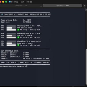 May include: A computer screen showing a market scan report from Passivebot AI. The report includes Fear & Greed Index, scan mode, and data for BTC, ETH, and SOL. Text indicates no trade conditions met. The screen has a dark background.