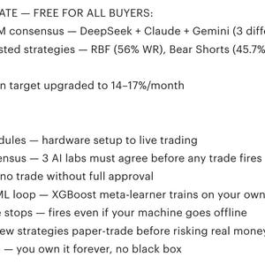May include: Text on a white background details an April 2026 update, including new strategies and a blended return target. The text also lists what buyers receive, such as modules, filters, and source code.
