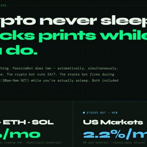 May include: A dark green graphic with white and green text that reads "Crypto never sleeps. Stocks prints while you do." Below, it lists crypto and stock market information with percentages.
