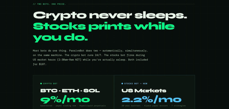 May include: A dark green graphic with white and green text that reads "Crypto never sleeps. Stocks prints while you do." Below, it lists crypto and stock market information with percentages.