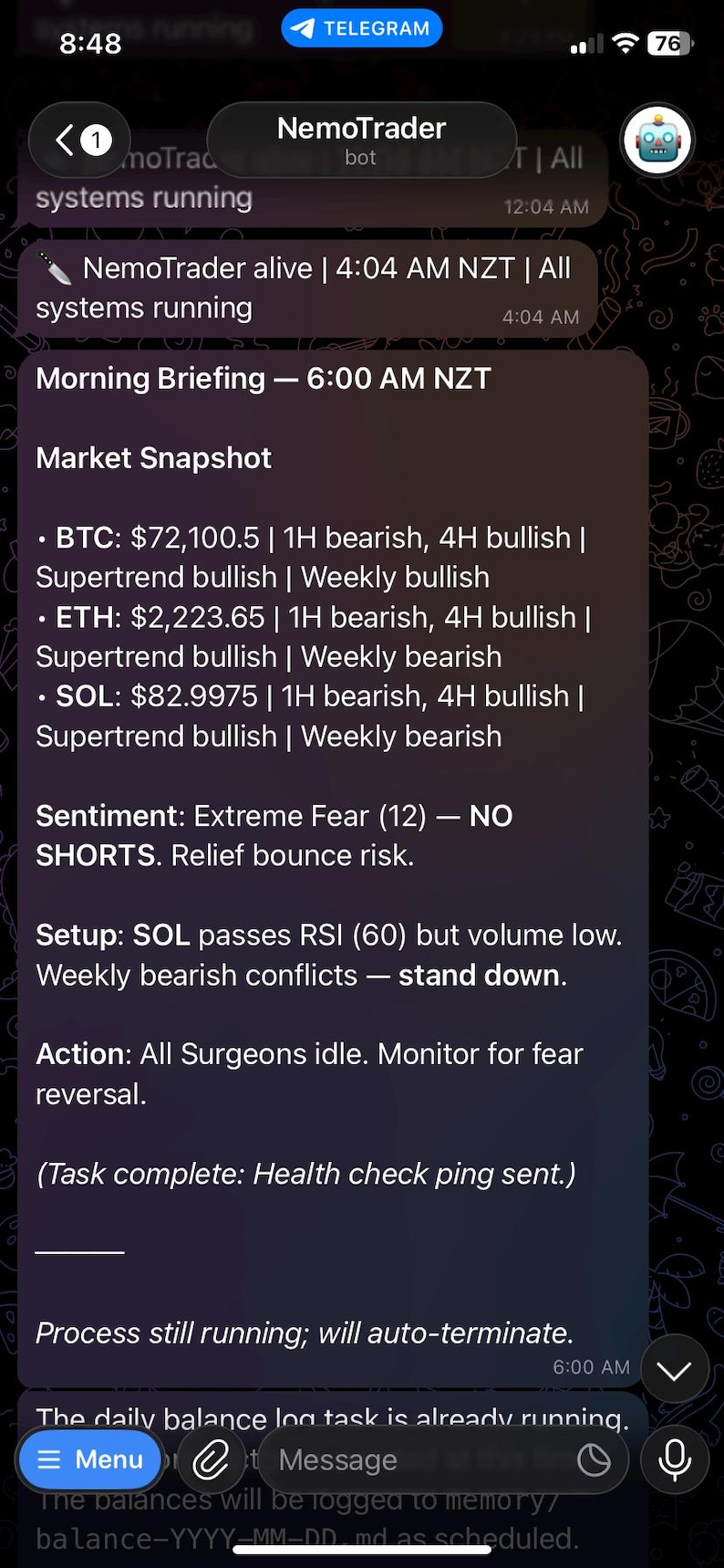 May include: Screenshot of a Telegram chat from NemoTrader bot, showing market data. The text includes cryptocurrency prices for BTC, ETH, and SOL, along with sentiment analysis and trading recommendations. The time is 8:48.