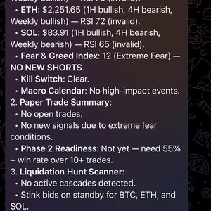 May include: A Telegram message from NemoTrader bot showing market data results for cryptocurrencies, including BTC, ETH, and SOL. The message details price movements, RSI values, and a Fear & Greed Index of 12, indicating extreme fear. The text also mentions liquidation hunt scanner results.