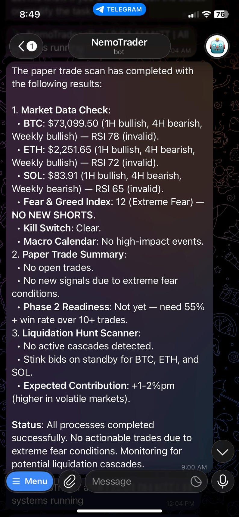 May include: A Telegram message from NemoTrader bot showing market data results for cryptocurrencies, including BTC, ETH, and SOL. The message details price movements, RSI values, and a Fear & Greed Index of 12, indicating extreme fear. The text also mentions liquidation hunt scanner results.