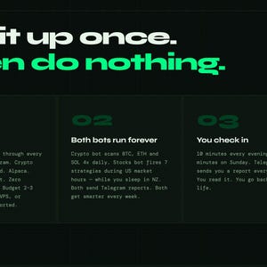 May include: Dark green graphic with white and green text. The text reads "Set it up once. Then do nothing." Below are three numbered sections describing a process. The background is black.