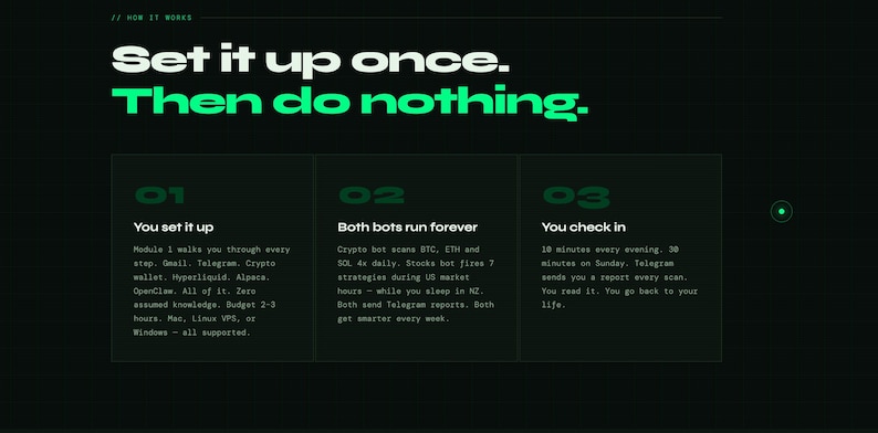 May include: Dark green graphic with white and green text. The text reads "Set it up once. Then do nothing." Below are three numbered sections describing a process. The background is black.