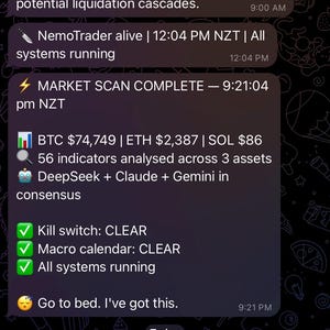 May include: A Telegram chat screenshot featuring the NemoTrader bot, displaying market data and system status updates. The chat includes cryptocurrency prices, with text such as "Expected Contribution: +1-2%pm" and "All systems running."