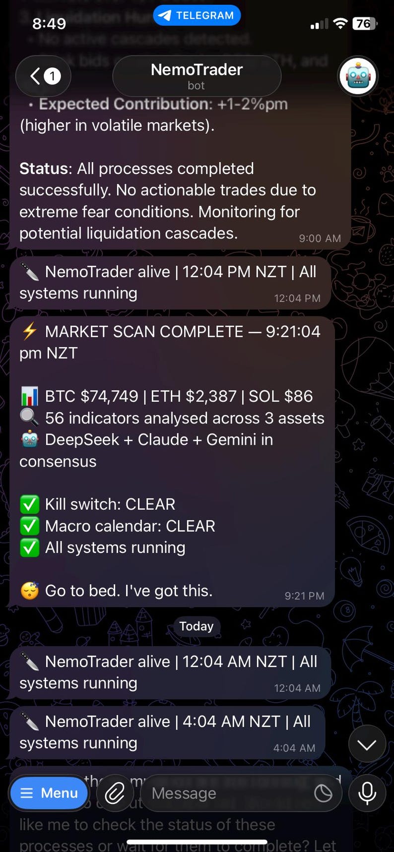 May include: A Telegram chat screenshot featuring the NemoTrader bot, displaying market data and system status updates. The chat includes cryptocurrency prices, with text such as "Expected Contribution: +1-2%pm" and "All systems running."