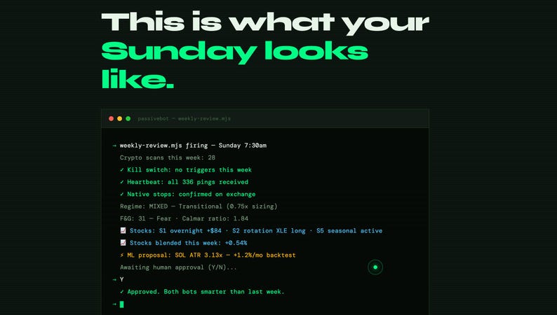 May include: Dark green graphic with the text "This is what your Sunday looks like." A code window displays text about crypto scans, triggers, and stock data. The text is in white and green.