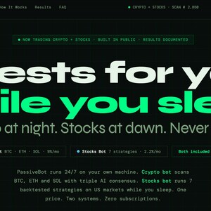 May include: A website interface with a dark background and white and green text. The headline reads "Invests for you. While you sleep." with details about crypto and stock trading.