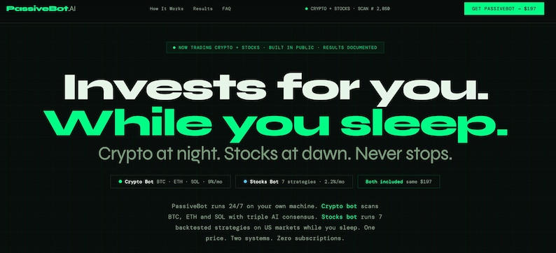 May include: A website interface with a dark background and white and green text. The headline reads "Invests for you. While you sleep." with details about crypto and stock trading.