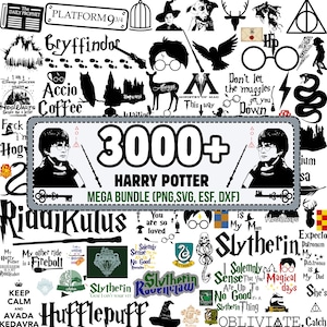 May include: A collection of over 3000 Harry Potter-themed graphics, including silhouettes, quotes, and logos. The design features iconic imagery such as the Hogwarts crest, glasses, and lightning bolts, perfect for crafting projects.