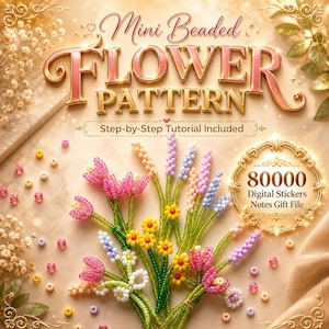 Peut inclure: Une couverture de produit numérique présentant un motif de fleurs perlées. Le titre indique "Mini Beaded Flower Pattern" avec un tutoriel étape par étape inclus. L'image présente un bouquet de fleurs perlées roses, jaunes et bleues, avec un cadre doré indiquant "80000 Digital Stickers Notes Gift File."