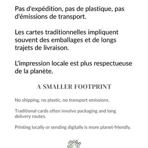 Puede incluir: Fondo blanco con texto en franc&eacute;s e ingl&eacute;s. El texto en franc&eacute;s dice "UNE EMPREINTE R&Eacute;DUITE" y "Pas d'exp&eacute;dition, pas de plastique, pas d'&eacute;missions de transport." El texto en ingl&eacute;s dice "A SMALLER FOOTPRINT."