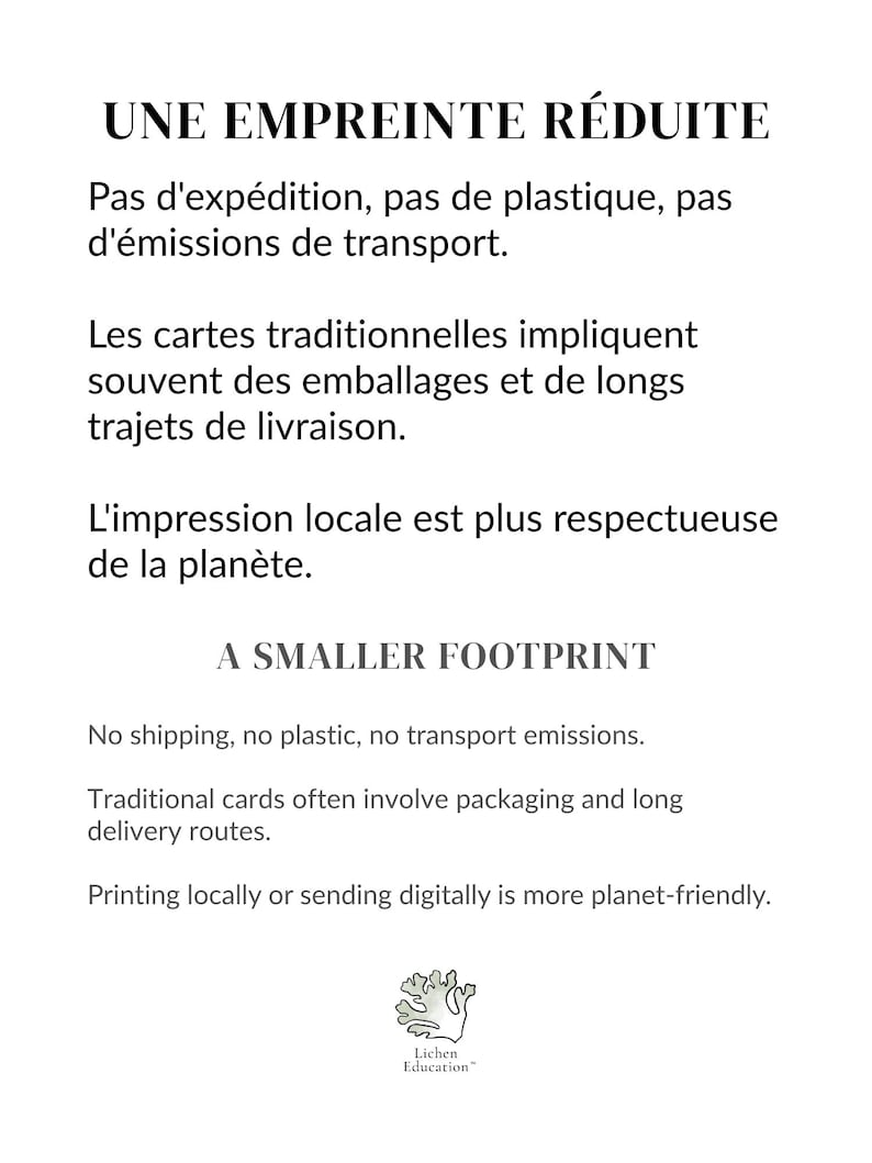 Puede incluir: Fondo blanco con texto en franc&eacute;s e ingl&eacute;s. El texto en franc&eacute;s dice "UNE EMPREINTE R&Eacute;DUITE" y "Pas d'exp&eacute;dition, pas de plastique, pas d'&eacute;missions de transport." El texto en ingl&eacute;s dice "A SMALLER FOOTPRINT."