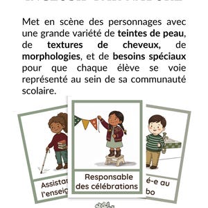 Puede incluir: Un cartel con el texto "INCLUSIF PAR NATURE" e ilustraciones de ni&ntilde;os. Promueve la inclusi&oacute;n con diversos tonos de piel, texturas de cabello y necesidades. Las ilustraciones muestran ni&ntilde;os con diferentes habilidades y roles.