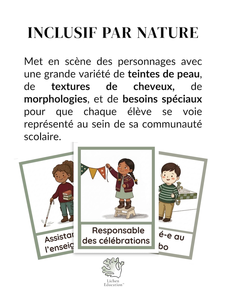 Puede incluir: Un cartel con el texto "INCLUSIF PAR NATURE" e ilustraciones de ni&ntilde;os. Promueve la inclusi&oacute;n con diversos tonos de piel, texturas de cabello y necesidades. Las ilustraciones muestran ni&ntilde;os con diferentes habilidades y roles.