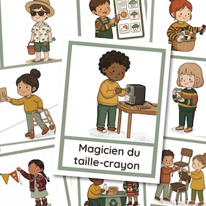 Puede incluir: Un conjunto de tarjetas ilustradas con ni&ntilde;os realizando diversas actividades. Las tarjetas presentan texto en franc&eacute;s e ingl&eacute;s, incluyendo "C&eacute;l&egrave;bre la diversit&eacute;" y "Modifiable dans Canva". La tarjeta central destaca a un ni&ntilde;o afilando un l&aacute;piz, etiquetado como "Magician du taille-crayon".