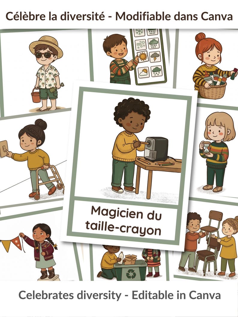 Puede incluir: Un conjunto de tarjetas ilustradas con ni&ntilde;os realizando diversas actividades. Las tarjetas presentan texto en franc&eacute;s e ingl&eacute;s, incluyendo "C&eacute;l&egrave;bre la diversit&eacute;" y "Modifiable dans Canva". La tarjeta central destaca a un ni&ntilde;o afilando un l&aacute;piz, etiquetado como "Magician du taille-crayon".