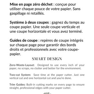 Puede incluir: Un papel blanco con el texto "CONCEPTION INTELLIGENTE" y "SMART DESIGN". El texto describe un dise&ntilde;o de desperdicio cero, un sistema de dos cortes y gu&iacute;as de corte. Un peque&ntilde;o logotipo de una planta est&aacute; en la parte inferior.