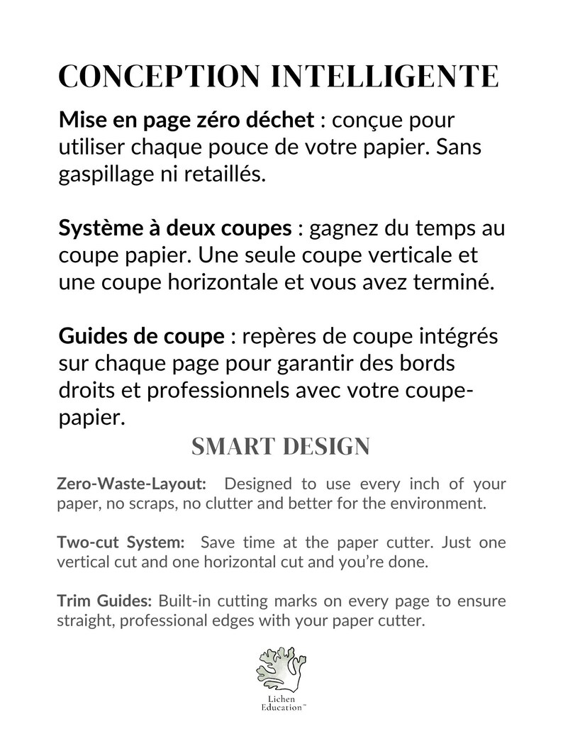 Puede incluir: Un papel blanco con el texto "CONCEPTION INTELLIGENTE" y "SMART DESIGN". El texto describe un dise&ntilde;o de desperdicio cero, un sistema de dos cortes y gu&iacute;as de corte. Un peque&ntilde;o logotipo de una planta est&aacute; en la parte inferior.