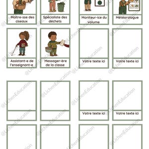 Puede incluir: Tarjetas educativas con ilustraciones de ni&ntilde;os en varios roles. Las tarjetas incluyen t&iacute;tulos como "Maestro de tijeras", "Especialista en residuos", "Monitor de volumen" y "Meteor&oacute;logo". Dise&ntilde;adas para fines educativos.