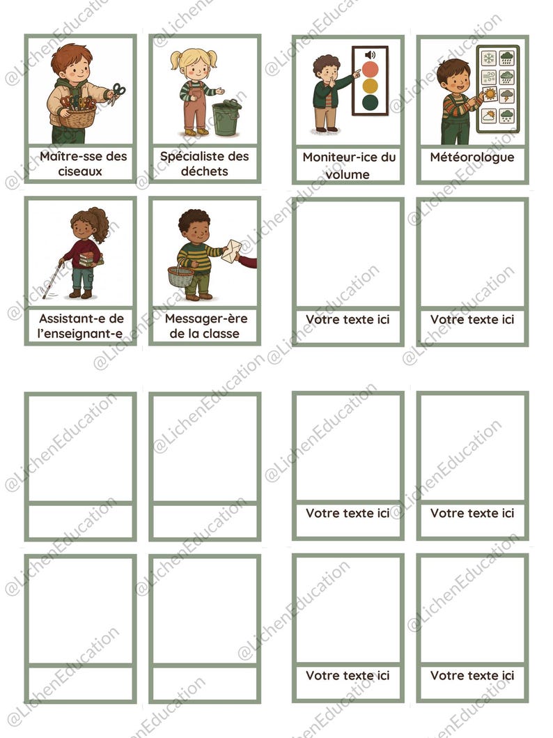 Puede incluir: Tarjetas educativas con ilustraciones de ni&ntilde;os en varios roles. Las tarjetas incluyen t&iacute;tulos como "Maestro de tijeras", "Especialista en residuos", "Monitor de volumen" y "Meteor&oacute;logo". Dise&ntilde;adas para fines educativos.