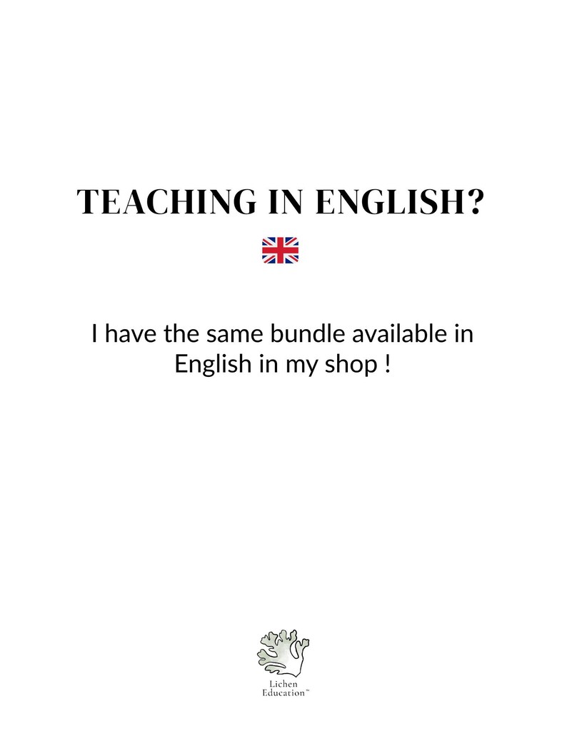 Puede incluir: Fondo blanco con el texto "TEACHING IN ENGLISH?" y la bandera brit&aacute;nica. Debajo, el texto dice "I have the same bundle available in English in my shop!" Un logotipo de Lichen Education en la parte inferior.