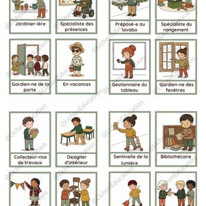 Puede incluir: Un conjunto de tarjetas ilustradas con ni&ntilde;os en diversas profesiones. Cada tarjeta tiene un t&iacute;tulo en franc&eacute;s, como "Jardinero/a", "Especialista en asistencia" y "Conserje". Las ilustraciones son coloridas y muestran a los ni&ntilde;os realizando sus respectivos trabajos.