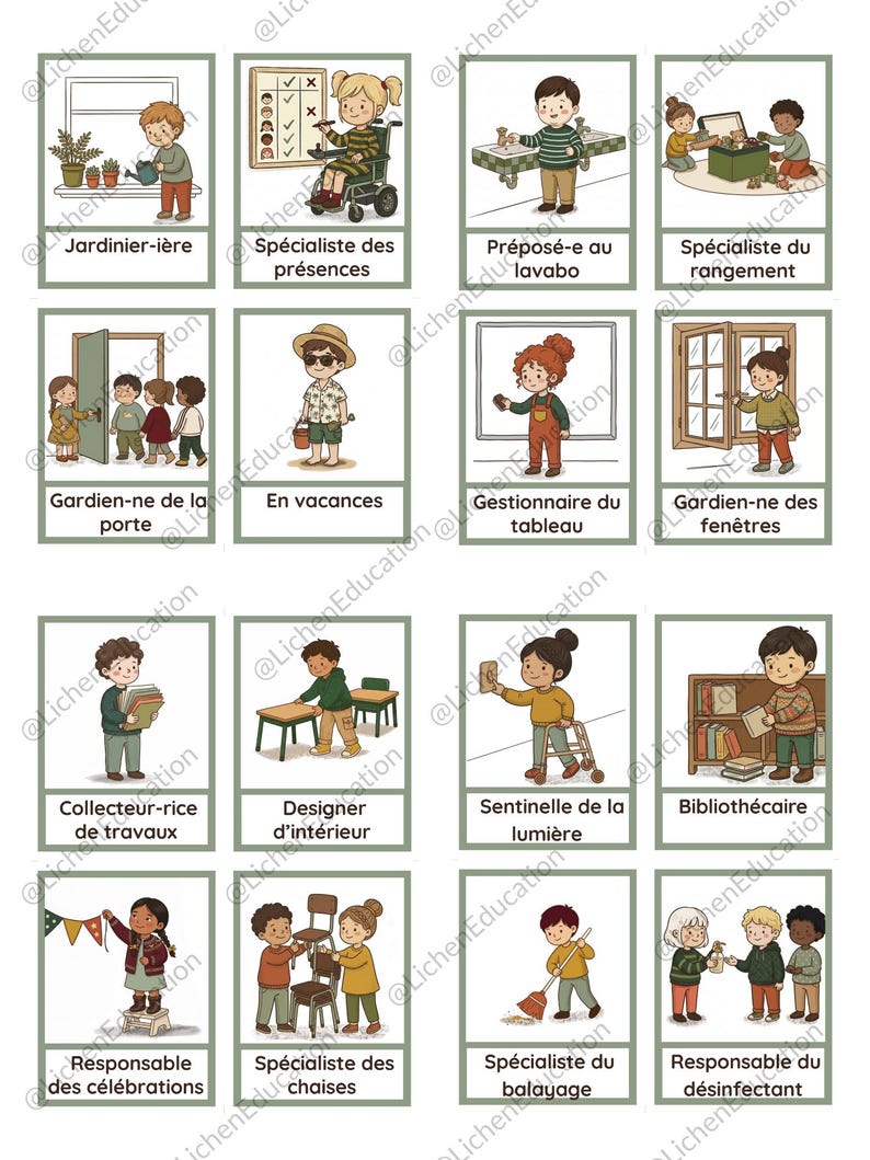 Puede incluir: Un conjunto de tarjetas ilustradas con ni&ntilde;os en diversas profesiones. Cada tarjeta tiene un t&iacute;tulo en franc&eacute;s, como "Jardinero/a", "Especialista en asistencia" y "Conserje". Las ilustraciones son coloridas y muestran a los ni&ntilde;os realizando sus respectivos trabajos.