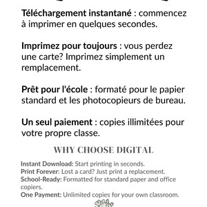 Puede incluir: Un papel blanco con texto negro en franc&eacute;s e ingl&eacute;s. El texto incluye frases como "POR QU&Eacute; ELEGIR DIGITAL" y "Descarga instant&aacute;nea". La imagen tambi&eacute;n presenta un peque&ntilde;o logotipo de Lichen Education.