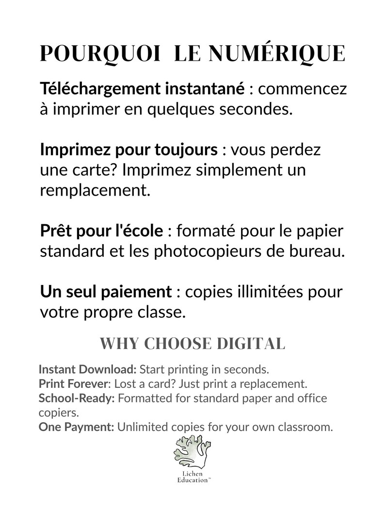 Puede incluir: Un papel blanco con texto negro en franc&eacute;s e ingl&eacute;s. El texto incluye frases como "POR QU&Eacute; ELEGIR DIGITAL" y "Descarga instant&aacute;nea". La imagen tambi&eacute;n presenta un peque&ntilde;o logotipo de Lichen Education.