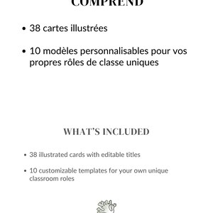 Puede incluir: Fondo blanco con el texto "COMPREND" y "WHAT'S INCLUDED". Incluye 38 tarjetas ilustradas con t&iacute;tulos editables y 10 plantillas personalizables para roles de clase. El logotipo de Lichen Education est&aacute; en la parte inferior.