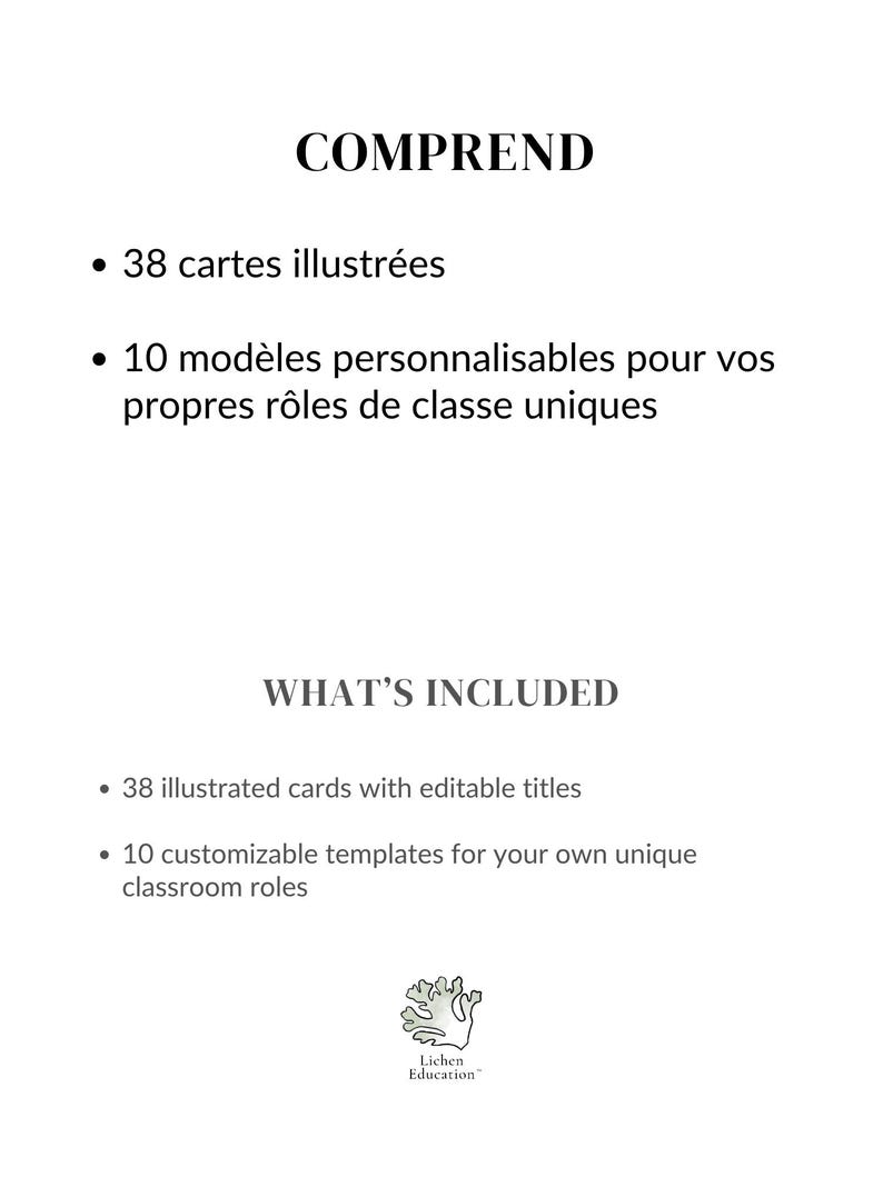 Puede incluir: Fondo blanco con el texto "COMPREND" y "WHAT'S INCLUDED". Incluye 38 tarjetas ilustradas con t&iacute;tulos editables y 10 plantillas personalizables para roles de clase. El logotipo de Lichen Education est&aacute; en la parte inferior.