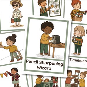 Puede incluir: Ilustración de niños diversos en varios roles, incluyendo un mago afilador de lápices y un especialista en reciclaje. La imagen incluye el texto "Celebrates diversity - Editable in Canva."