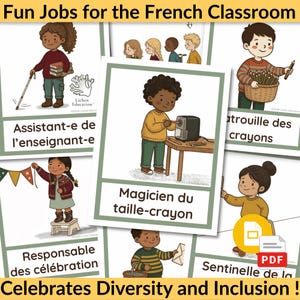 May include: A collection of educational cards titled Fun Jobs for the French Classroom featuring illustrations of children performing various tasks. Each card displays a character with a specific role, such as Magicien du taille-crayon, with text.