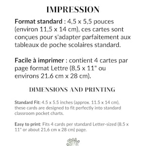 Puede incluir: Una hoja de informaci&oacute;n blanca con el t&iacute;tulo "DIMENSIONES E IMPRESI&Oacute;N". El texto describe el tama&ntilde;o est&aacute;ndar de la tarjeta como 11,5 x 14 cm, dise&ntilde;ado para encajar perfectamente en los gr&aacute;ficos de bolsillo del aula. Tambi&eacute;n menciona que 4 tarjetas caben en una p&aacute;gina de 21,6 cm x 28 cm.