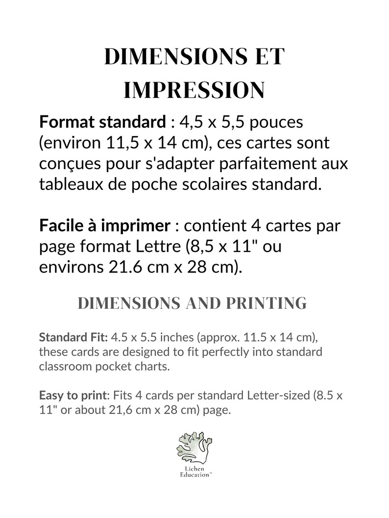Puede incluir: Una hoja de informaci&oacute;n blanca con el t&iacute;tulo "DIMENSIONES E IMPRESI&Oacute;N". El texto describe el tama&ntilde;o est&aacute;ndar de la tarjeta como 11,5 x 14 cm, dise&ntilde;ado para encajar perfectamente en los gr&aacute;ficos de bolsillo del aula. Tambi&eacute;n menciona que 4 tarjetas caben en una p&aacute;gina de 21,6 cm x 28 cm.