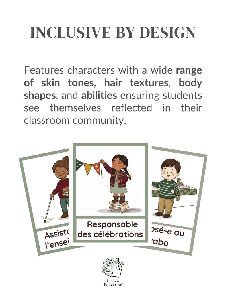 Puede incluir: Carteles educativos con ilustraciones de ni&ntilde;os diversos. Los carteles tienen texto en ingl&eacute;s y franc&eacute;s, promoviendo la inclusi&oacute;n en el aula. La frase "INCLUSIVE BY DESIGN" est&aacute; en la parte superior.