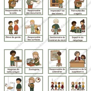 Puede incluir: Un conjunto de tarjetas ilustradas con t&iacute;tulos en franc&eacute;s como 'Responsable de la colle' y 'Expert-e en ravitaillement', que muestran a ni&ntilde;os en diferentes roles. Cada tarjeta presenta a un ni&ntilde;o realizando una tarea, con un fondo neutro.
