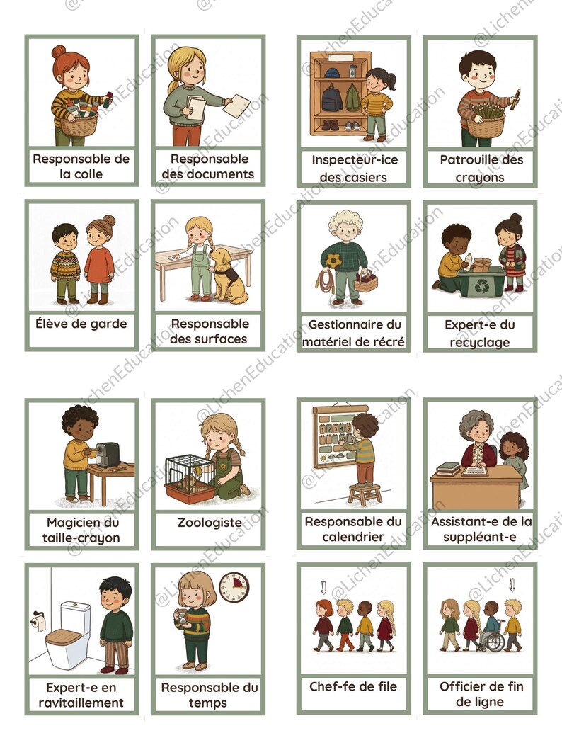 Puede incluir: Un conjunto de tarjetas ilustradas con t&iacute;tulos en franc&eacute;s como 'Responsable de la colle' y 'Expert-e en ravitaillement', que muestran a ni&ntilde;os en diferentes roles. Cada tarjeta presenta a un ni&ntilde;o realizando una tarea, con un fondo neutro.