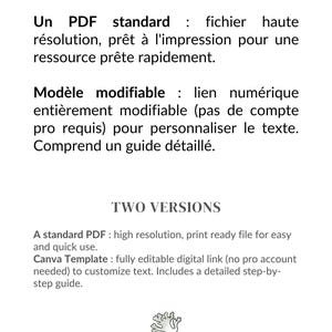 Puede incluir: Un gr&aacute;fico blanco con texto en franc&eacute;s e ingl&eacute;s. El texto describe un PDF est&aacute;ndar y una plantilla de Canva. La imagen tambi&eacute;n incluye un logotipo de "Lichen Education".
