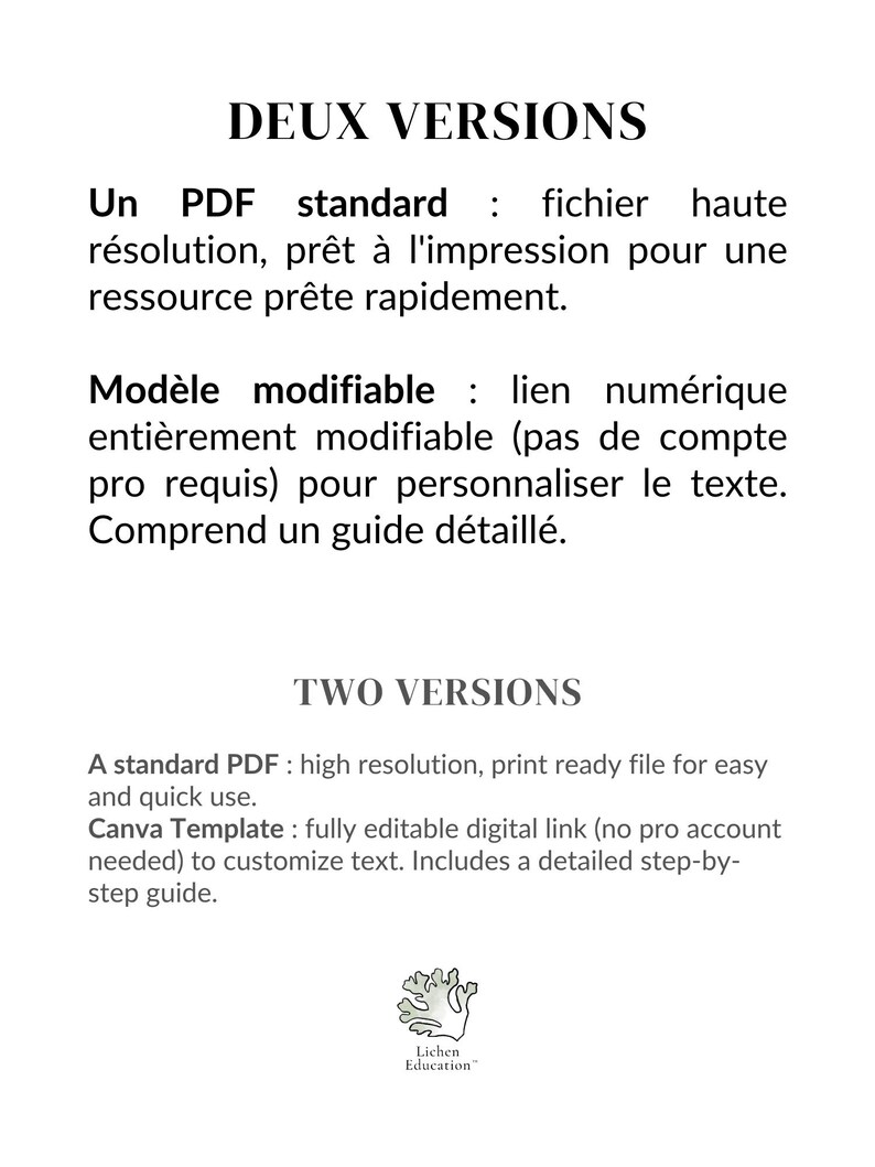 Puede incluir: Un gr&aacute;fico blanco con texto en franc&eacute;s e ingl&eacute;s. El texto describe un PDF est&aacute;ndar y una plantilla de Canva. La imagen tambi&eacute;n incluye un logotipo de "Lichen Education".