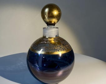 Late 20th Century Studio Art Glass Perfume Bottle | Iridescent Cobalt Blue Glass & Gold-Toned Decoration | Ground Stopper