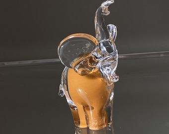 Vintage Amber Cased Crystal Elephant Figurine, Raised Trunk Decorative Item