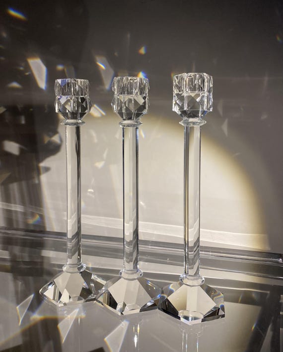 Set of 3 Heavy Lead Crystal Candlesticks | Geometric Faceted Holders ( Attributed to Val Saint Lambert)| Mid-Century Modern