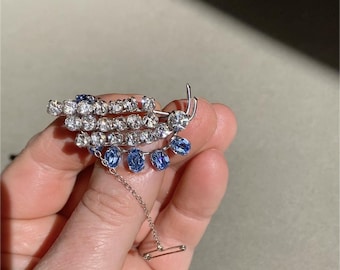 Vintage Layered  Leaf Brooch, Sapphire Blue & Clear Rhinestones, Silver Tone