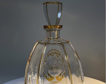 Rare Art Deco Bohemian Amber Cut-to-Clear Crystal Decanter with Engraved Fruit Panel, c.1930s
