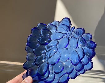 Cobalt Blue Grape Glass Bowl– Vintage Fruit Footed Dish, Serving Centerpiece